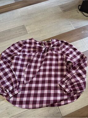 LOFT Burgundy Plaid Tie-Neck Blouse
